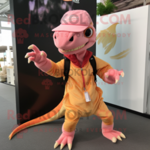 Peach Coelophysis mascot costume character dressed with a Jacket and Headbands