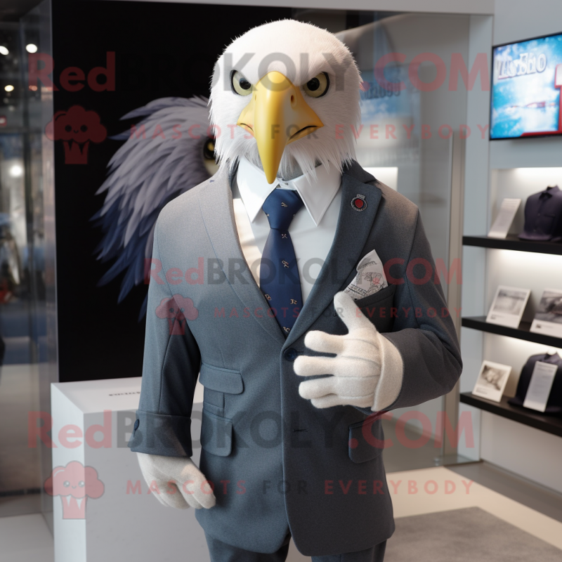 Silver Bald Eagle mascot costume character dressed with a Blazer and Lapel pins