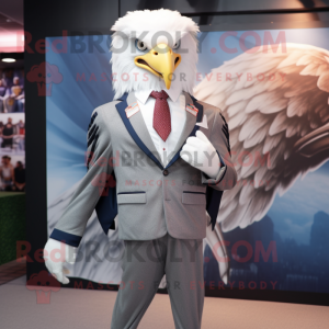 Silver Bald Eagle mascot costume character dressed with a Blazer and Lapel pins