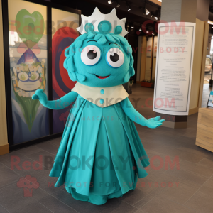 Teal Queen mascot costume character dressed with a Circle Skirt and Wraps