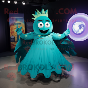 Teal Queen mascot costume character dressed with a Circle Skirt and Wraps