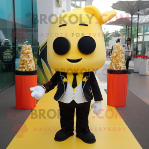 Yellow Pop Corn mascot costume character dressed with a Tuxedo and Backpacks