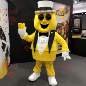 Yellow Pop Corn mascot costume character dressed with a Tuxedo and Backpacks