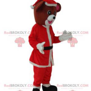 Mascotte cane marrone con un vestito di Babbo Natale -