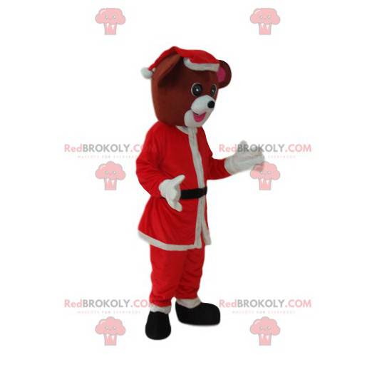 Brązowy pies maskotka ze strojem Świętego Mikołaja -