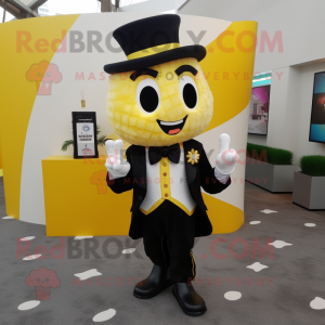 Yellow Pop Corn mascot costume character dressed with a Tuxedo and Backpacks