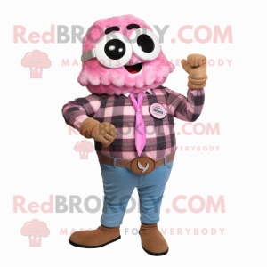 Pink Oyster mascot costume character dressed with a Flannel Shirt and Digital watches