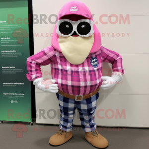 Pink Oyster mascot costume character dressed with a Flannel Shirt and Digital watches
