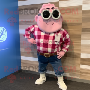 Pink Oyster mascot costume character dressed with a Flannel Shirt and Digital watches