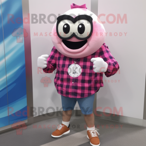 Pink Oyster mascot costume character dressed with a Flannel Shirt and Digital watches