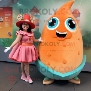 Peach Tacos mascot costume character dressed with a Mini Skirt and Smartwatches
