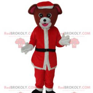 Brązowy pies maskotka ze strojem Świętego Mikołaja -