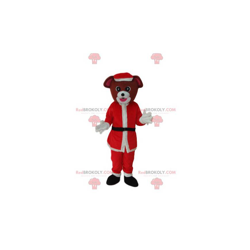 Mascotte cane marrone con un vestito di Babbo Natale -