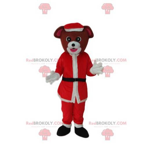 Mascotte cane marrone con un vestito di Babbo Natale -
