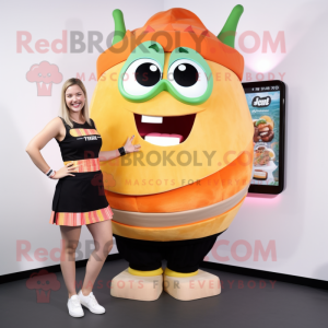 Peach Tacos mascot costume character dressed with a Mini Skirt and Smartwatches