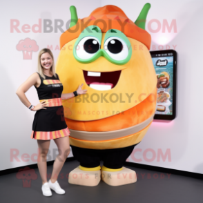 Peach Tacos mascot costume character dressed with a Mini Skirt and Smartwatches