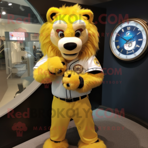 Yellow Lion mascot costume character dressed with a Baseball Tee and Bracelet watches