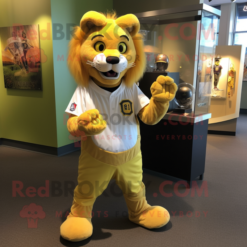 Yellow Lion mascot costume character dressed with a Baseball Tee and Bracelet watches Yellow Lion mascot costume character dressed with a Baseball Tee and Bracelet watches