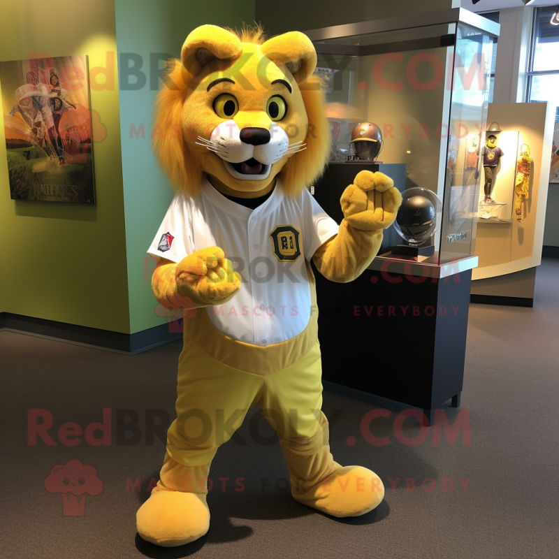 Yellow Lion mascot costume character dressed with a Baseball Tee and Bracelet watches