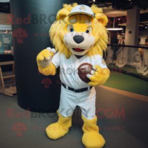 Yellow Lion mascot costume character dressed with a Baseball Tee and Bracelet watches