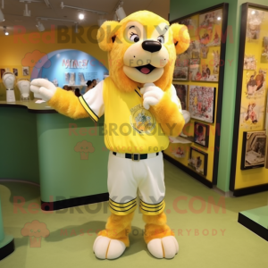 Yellow Lion mascot costume character dressed with a Baseball Tee and Bracelet watches