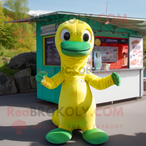 Lemon Yellow Loch Ness Monster mascot costume character dressed with a Playsuit and Caps