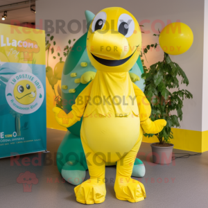 Lemon Yellow Loch Ness Monster mascot costume character dressed with a Playsuit and Caps