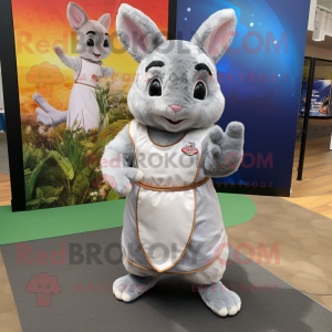 Silver Chinchilla mascot costume character dressed with a Wrap Dress and Foot pads