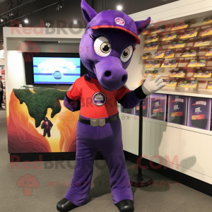 Purple Mare mascot costume character dressed with a Henley Tee and Rings