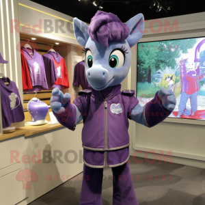 Purple Mare mascot costume character dressed with a Henley Tee and Rings