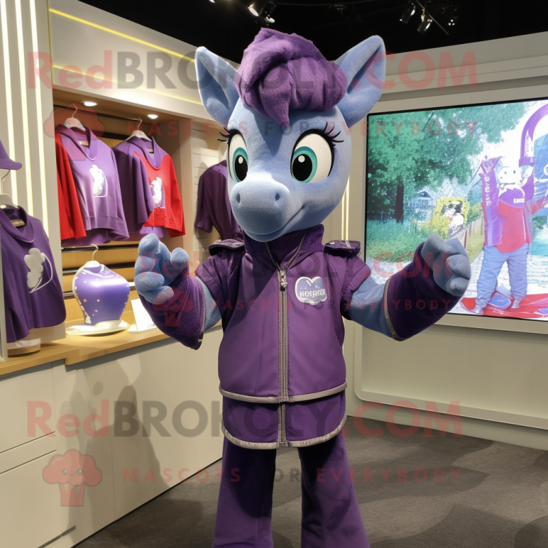 Purple Mare mascot costume character dressed with a Henley Tee and Rings