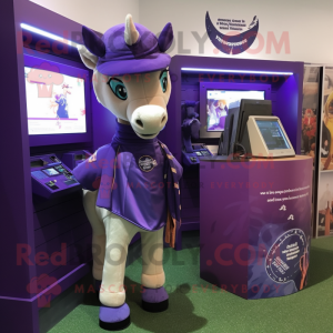 Purple Mare mascot costume character dressed with a Henley Tee and Rings