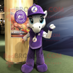 Purple Mare mascot costume character dressed with a Henley Tee and Rings