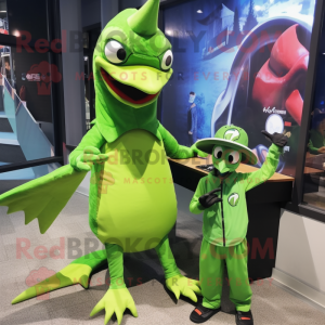 Lime Green Pterodactyl mascot costume character dressed with a Jumpsuit and Watches