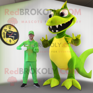 Lime Green Pterodactyl mascot costume character dressed with a Jumpsuit and Watches