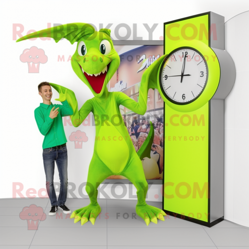 Lime Green Pterodactyl mascot costume character dressed with a Jumpsuit and Watches