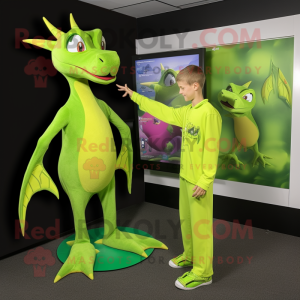 Lime Green Pterodactyl mascot costume character dressed with a Jumpsuit and Watches
