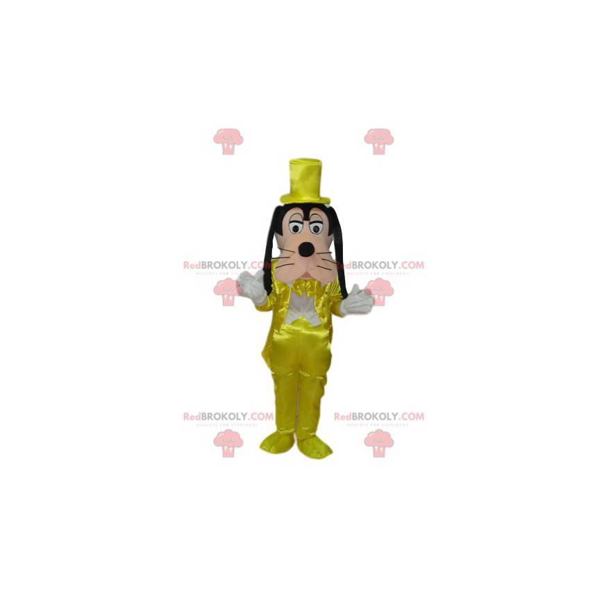 Goofy Maskottchen mit einem funkelnden gelben Kostüm -