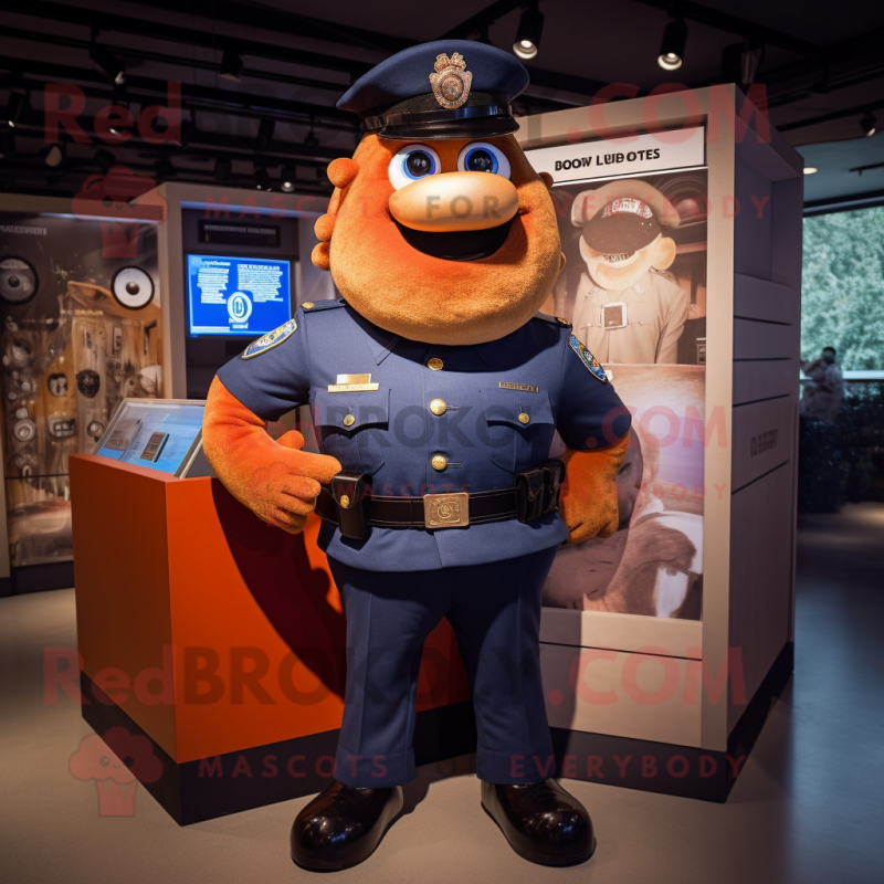 Rust Police Officer mascot costume character dressed with a Leggings and Lapel pins Rust Police Officer mascot costume character dressed with a Leggings and Lapel pins