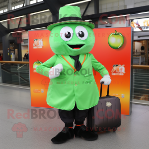 Green Mandarin mascot costume character dressed with a Poplin Shirt and Messenger bags