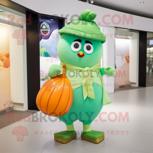Green Mandarin mascot costume character dressed with a Poplin Shirt and Messenger bags