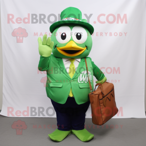 Green Mandarin mascot costume character dressed with a Poplin Shirt and Messenger bags