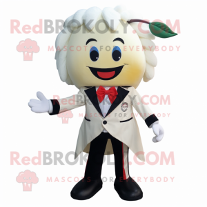 Cream Cherry mascot costume character dressed with a Suit Jacket and Hair clips
