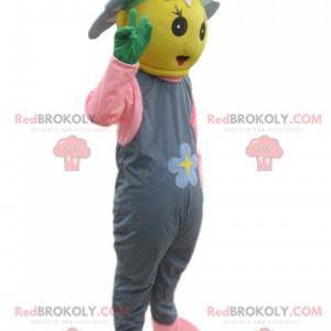 Yellow character mascot with a flower and gray overalls -