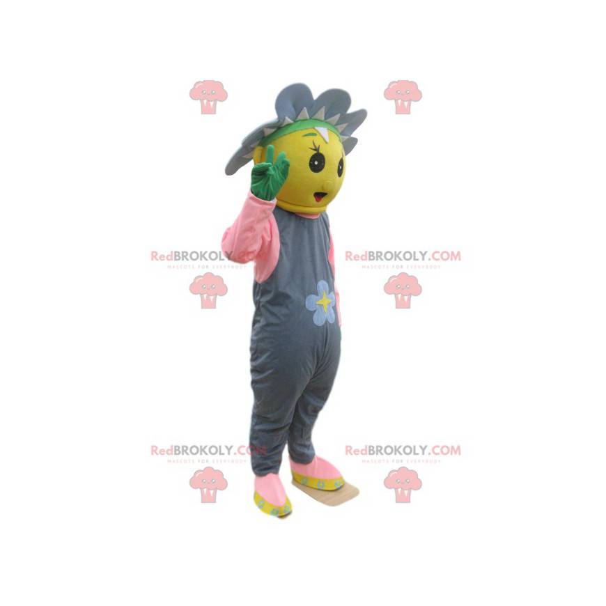 Yellow character mascot with a flower and gray overalls -