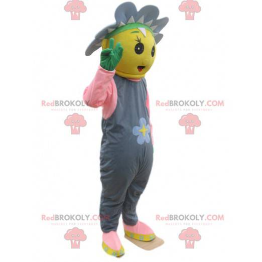 Geel karakter mascotte met een bloem en grijze overall -