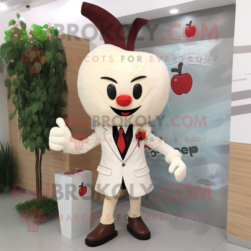 Cream Cherry mascot costume character dressed with a Suit Jacket and Hair clips