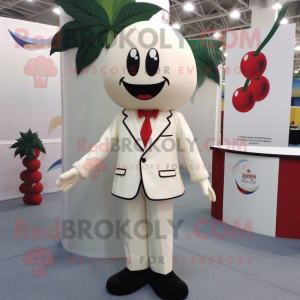 Cream Cherry mascot costume character dressed with a Suit Jacket and Hair clips