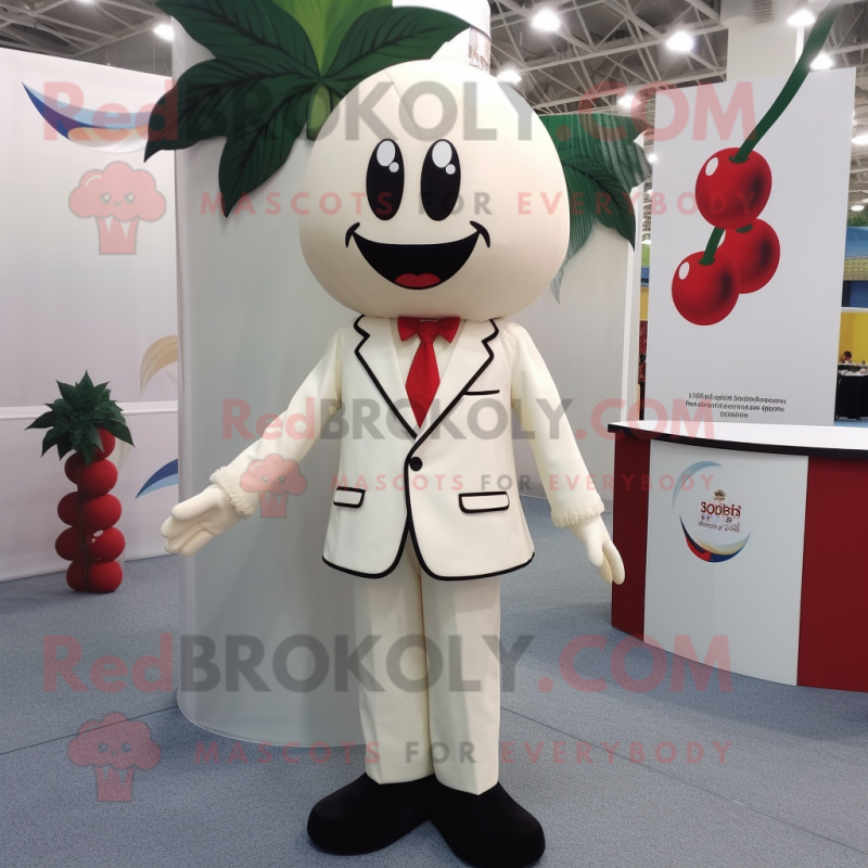Cream Cherry mascot costume character dressed with a Suit Jacket and Hair clips Cream Cherry mascot costume character dressed with a Suit Jacket and Hair clips