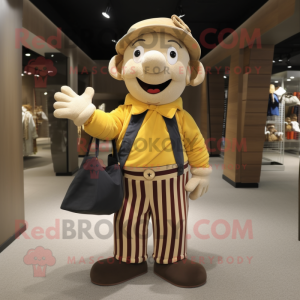 Gold Mime mascot costume character dressed with a Corduroy Pants and Handbags